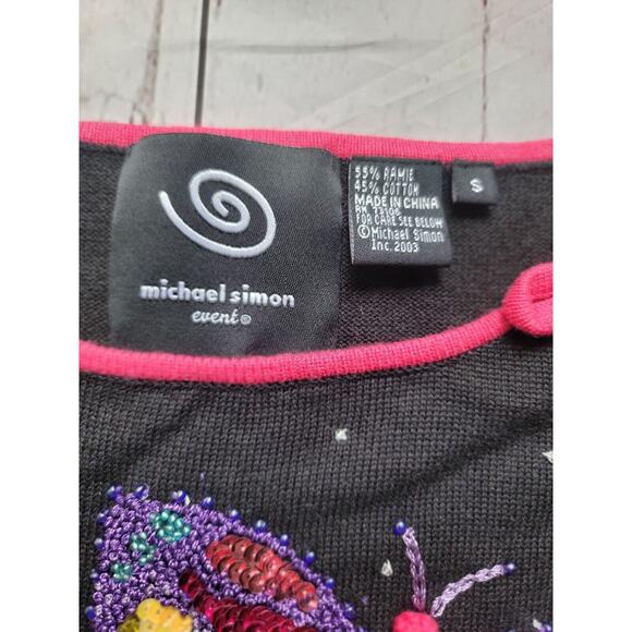 michael simon black sweater with beaded Sequin butterflies With Pink Collar2 - Picture 7 of 11